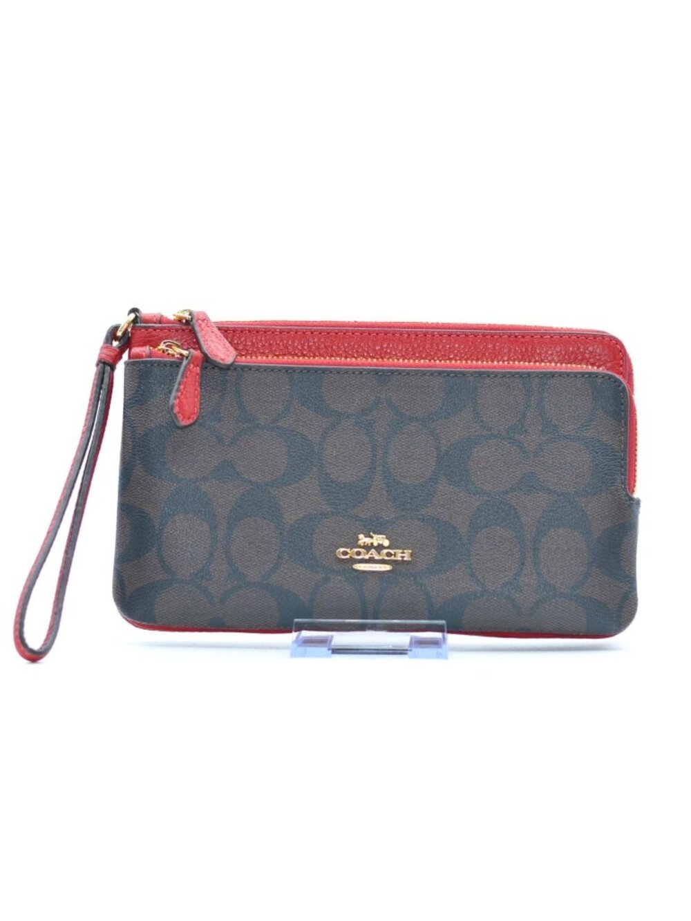 Coach Brown Signature & Red Double Zip Leather Wristlet